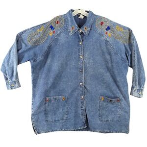 LA Blues Jean Jacket Womens Embroidered Denim Rhinestones Beaded Boho Sz 26-28